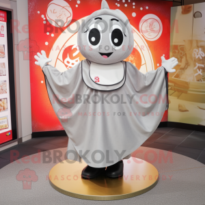 Silver Miso Soup mascot costume character dressed with a Circle Skirt and Shawls