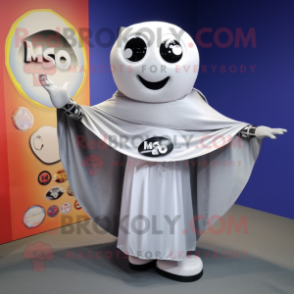 Silver Miso Soup mascot costume character dressed with a Circle Skirt and Shawls