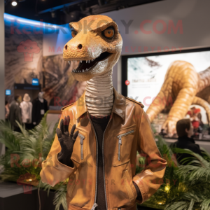 Beige Coelophysis mascot costume character dressed with a Leather Jacket and Rings