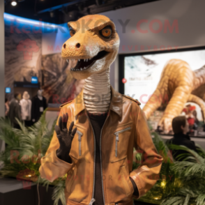 Beige Coelophysis mascot costume character dressed with a Leather Jacket and Rings