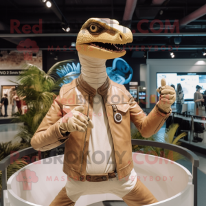 Beige Coelophysis mascot costume character dressed with a Leather Jacket and Rings