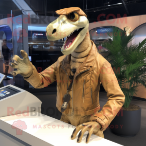 Beige Coelophysis mascot costume character dressed with a Leather Jacket and Rings