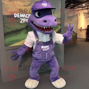 Lavender Tyrannosaurus mascot costume character dressed with a Overalls and Shoe clips