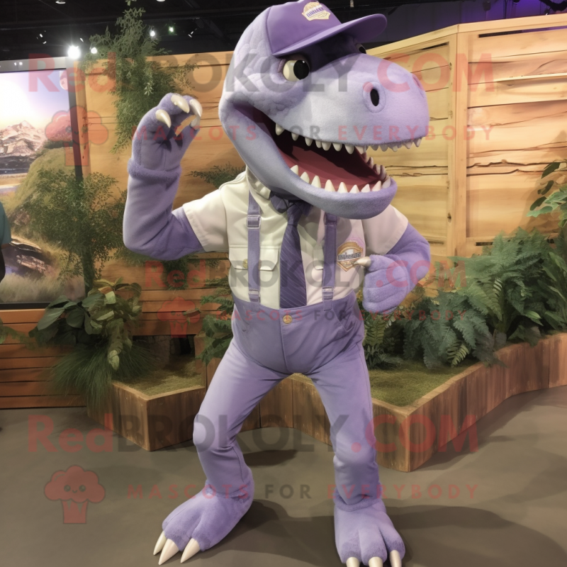 Lavender Tyrannosaurus mascot costume character dressed with a Overalls and Shoe clips