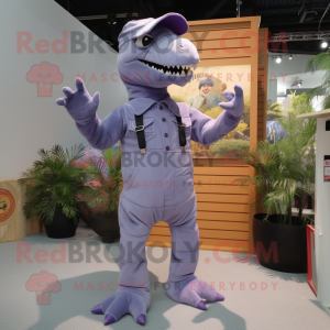 Lavender Tyrannosaurus mascot costume character dressed with a Overalls and Shoe clips