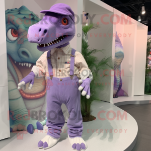 Lavender Tyrannosaurus mascot costume character dressed with a Overalls and Shoe clips