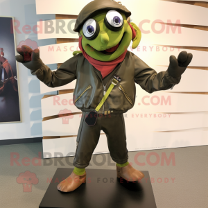 Olive Acrobat mascot costume character dressed with a Leather Jacket and Scarf clips