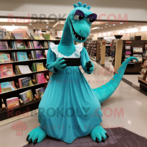Turquoise Diplodocus mascot costume character dressed with a Ball Gown and Reading glasses