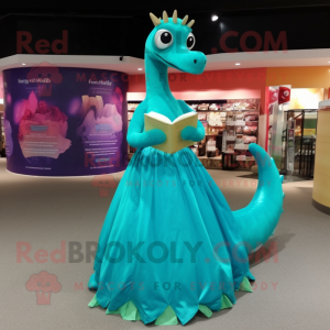 Turquoise Diplodocus mascot costume character dressed with a Ball Gown and Reading glasses