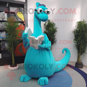 Turquoise Diplodocus mascot costume character dressed with a Ball Gown and Reading glasses