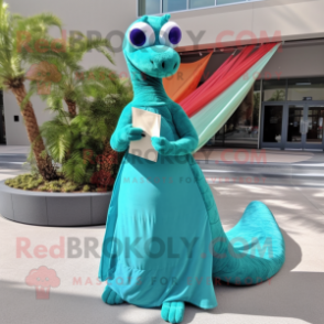 Turquoise Diplodocus mascot costume character dressed with a Ball Gown and Reading glasses