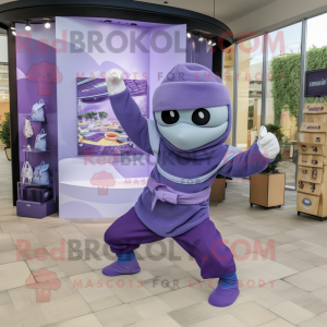 Lavender Ninja mascot costume character dressed with a Sweatshirt and Tote bags