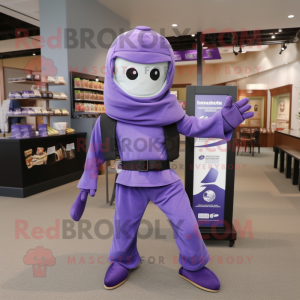 Lavender Ninja mascot costume character dressed with a Sweatshirt and Tote bags