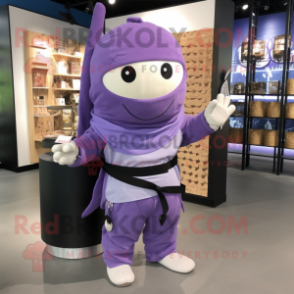 Lavender Ninja mascot costume character dressed with a Sweatshirt and Tote bags