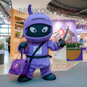 Lavender Ninja mascot costume character dressed with a Sweatshirt and Tote bags