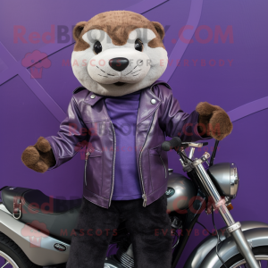 Purple Otter mascot costume character dressed with a Biker Jacket and Wallets