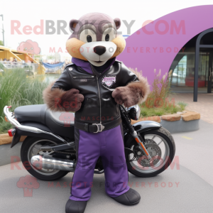 Purple Otter mascot costume character dressed with a Biker Jacket and Wallets