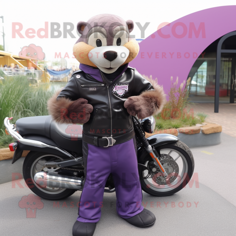 Purple Otter mascot costume character dressed with a Biker Jacket and Wallets