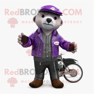 Purple Otter mascot costume character dressed with a Biker Jacket and Wallets