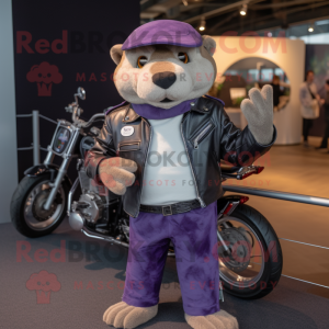 Purple Otter mascot costume character dressed with a Biker Jacket and Wallets