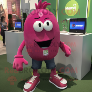 Magenta Grenade mascot costume character dressed with a Denim Shorts and Shoe laces