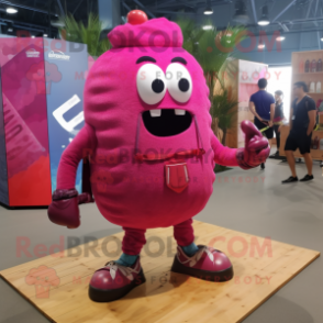 Magenta Grenade mascot costume character dressed with a Denim Shorts and Shoe laces