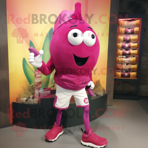 Magenta Grenade mascot costume character dressed with a Denim Shorts and Shoe laces