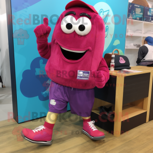 Magenta Grenade mascot costume character dressed with a Denim Shorts and Shoe laces