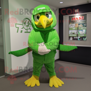 Lime Green Haast'S Eagle mascot costume character dressed with a Hoodie and Belts