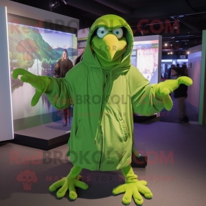 Lime Green Haast'S Eagle mascot costume character dressed with a Hoodie and Belts