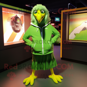 Lime Green Haast'S Eagle mascot costume character dressed with a Hoodie and Belts