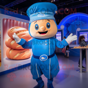 Blue Croissant mascot costume character dressed with a Playsuit and Berets