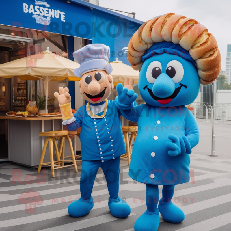 Blue Croissant mascot costume character dressed with a Playsuit and Berets