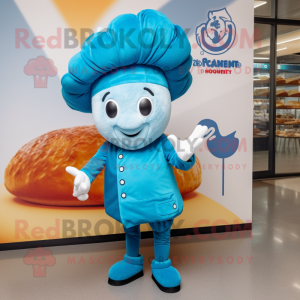 Blue Croissant mascot costume character dressed with a Playsuit and Berets