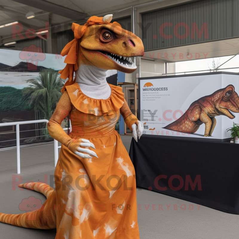 Rust Allosaurus mascot costume character dressed with a Wrap Dress and Headbands