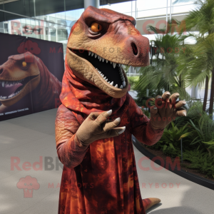 Rust Allosaurus mascot costume character dressed with a Wrap Dress and Headbands