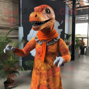 Rust Allosaurus mascot costume character dressed with a Wrap Dress and Headbands