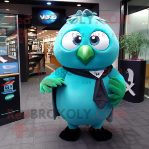 Cyan Kiwi mascot costume character dressed with a Suit and Keychains