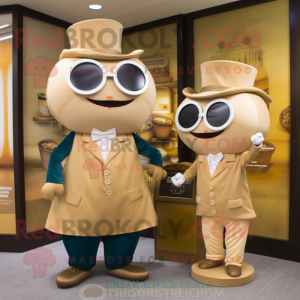 Tan Hourglass mascot costume character dressed with a Dress Pants and Coin purses