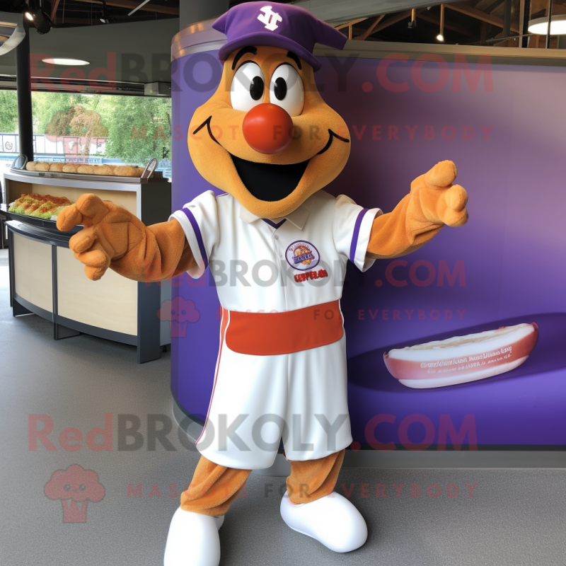 Lavender Currywurst mascot costume character dressed with a Baseball Tee and Anklets Lavender Currywurst mascot costume character dressed with a Baseball Tee and Anklets