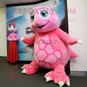 Pink Sea Turtle mascot costume character dressed with a Maxi Dress and Keychains