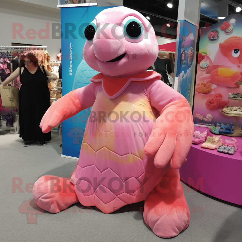 Pink Sea Turtle mascot costume character dressed with a Maxi Dress and Keychains