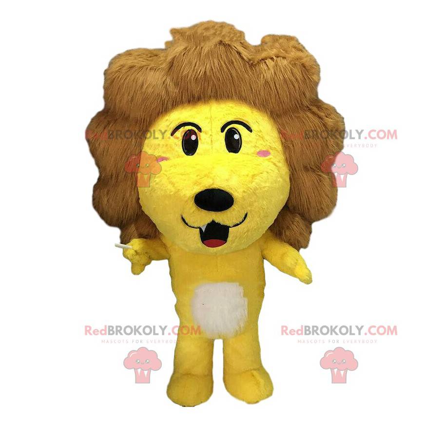 Disfraz de león amarillo con una gran melena marrón -