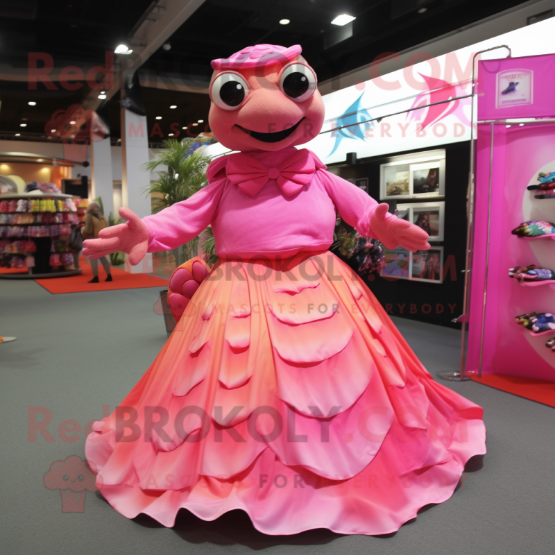 Pink Sea Turtle mascot costume character dressed with a Maxi Dress and Keychains Pink Sea Turtle mascot costume character dressed with a Maxi Dress and Keychains
