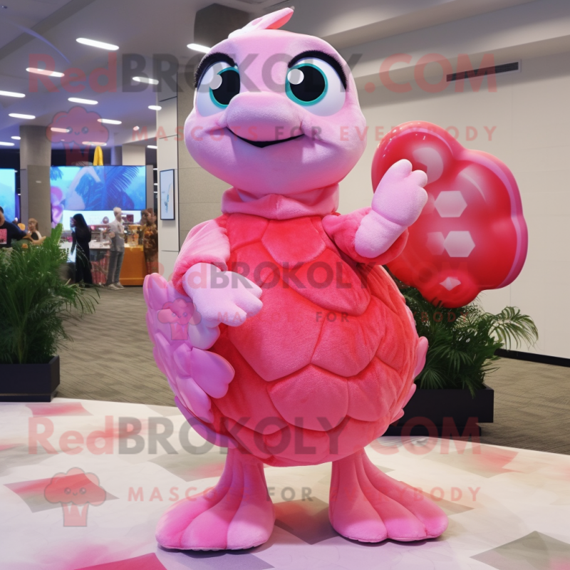 Pink Sea Turtle mascot costume character dressed with a Maxi Dress and Keychains Pink Sea Turtle mascot costume character dressed with a Maxi Dress and Keychains