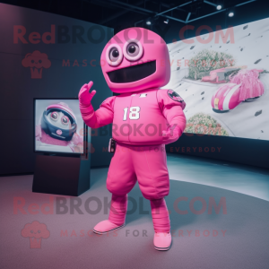 Pink American Football Helmet mascot costume character dressed with a Trousers and Digital watches