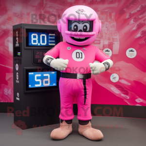 Pink American Football Helmet mascot costume character dressed with a Trousers and Digital watches