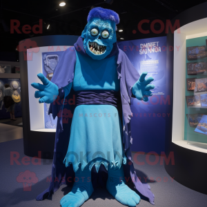 Blue Frankenstein'S Monster mascot costume character dressed with a Cover-up and Cummerbunds