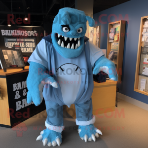 Blue Frankenstein'S Monster mascot costume character dressed with a Cover-up and Cummerbunds