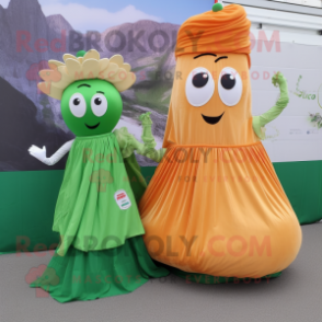 Orange Pesto Pasta mascot costume character dressed with a Ball Gown and Messenger bags